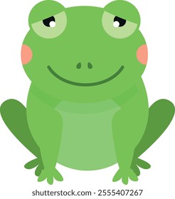 Cartoon-style green frog with a light green belly, rosy cheeks, and a content expression with half-closed eyes and a slight smile. The frog is sitting with its legs spread out.