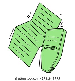 A cartoon-style green illustration of a document being approved with a rubber stamp marked 'APPROVE', symbolizing official approval, confirmation, or authorization in a fun, positive way.