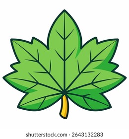 A cartoon-style green maple leaf with bold outlines and visible veins. Clean and simple flat design, ideal for eco-themed icons or nature illustrations.