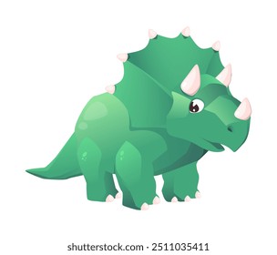 Cartoon-style green triceratops dinosaur character in a flat vector illustration Ideal for kids educational and entertainment content featuring a friendly dinosaur design