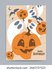 Cartoon-style Halloween illustration with smiling pumpkins, flying ghosts, and bats on a light background, conveying a playful and festive spooky theme. Vector illustration