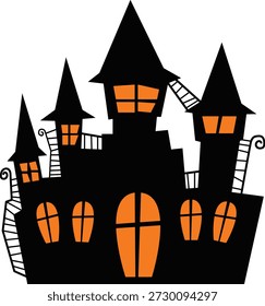 Ein Halloween-Vektor im Cartoon-Stil mit einer gruseligen, spukenden Haussilhouette mit leuchtend orangefarbenen Fenstern. Ideal für Halloween-Dekorationen, Partyeinladungen, Poster und saisonale Designs.