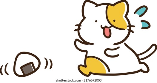Cartoon-style hand-drawn illustration of a cat chasing a rice ball rolling in a hurry like a Japanese folk tale