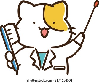 Cartoon-style hand-drawn illustration of a cat like a doctor or researcher in a lab coat explaining something while holding a toothbrush