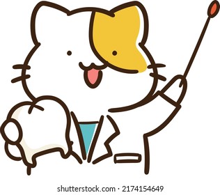 Cartoon-style hand-drawn illustration of a cat like a doctor or researcher in a white coat explaining something while holding white teeth