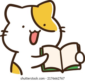 Cartoon-style Hand-drawn Illustration Of A Cat With An Open Book That Can Be Used In Schools, Classes, Textbooks, Etc.