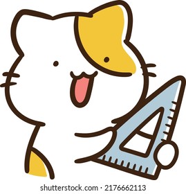 Cartoon-style hand-drawn illustration of a cat with a ruler that can be used in school, class, math, etc.