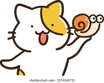 Cartoon-style hand-drawn illustration of a cat showing a snail to everyone