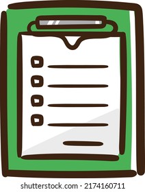 Cartoon-style hand-drawn illustration of green clipboard and check sheet