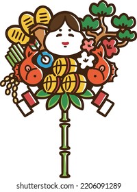 A cartoon-style hand-drawn illustration of a traditional Japanese ``rake'' that attracts good fortune and money, and is considered to be a lucky charm for prosperous business and shipping.