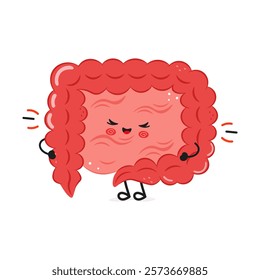 Cartoon-style happy intestine character with a smiling face, dancing joyfully on a white background. Concept of healthy digestion