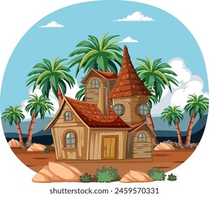 Cartoon-style house on a sandy beach with palms