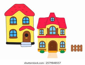 A cartoon-style house with red roof, blue windows, and bold design, ideal for real estate or home-themed sticker bundles.