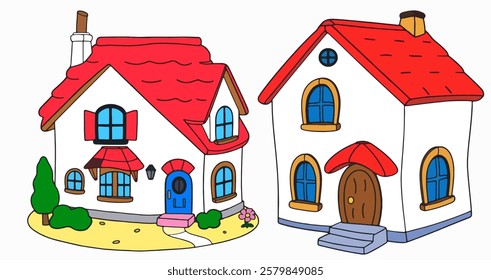 A cartoon-style house with red roof, blue windows, and bold design, ideal for real estate or home-themed sticker bundles.