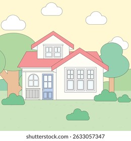 Cartoon-style house with a red roof and blue door, surrounded by trees and lawn in a pastel color scheme