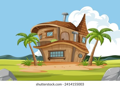 Cartoon-style house surrounded by palm trees and nature.