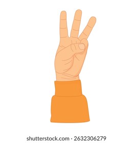 Cartoon-style human hand with three fingers extended upward. Gesture number three, counting