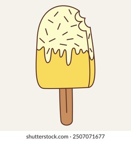 A cartoon-style ice cream popsicle with a bite taken out, featuring yellow and white colors.