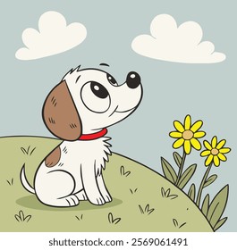 a cartoon-style illustration of an adorable puppy sitting on a grassy hill with a cheerful expression.