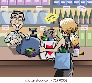 Cartoon-style illustration: a blond woman in a shop, in front of the seller's desk