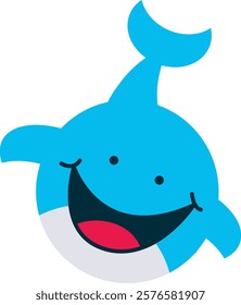 Cartoon-style illustration of a blue whale with a large, open mouth. Represents marine life, ocean creatures, and whimsical illustrations.