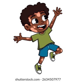 Cartoon-style illustration of a boy with vitiligo. The boy is in a dynamic pose, with his arms raised and a joyful expression, suggesting movement or excitement.