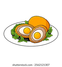 Cartoon-style illustration of British Scotch eggs, showcasing a classic dish with a boiled egg wrapped in sausage meat, ideal for cultural and food designs