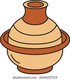 A cartoon-style illustration of a bulbous vase with brown stripes and a ring around its middle.