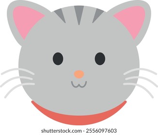 Cartoon-style illustration of a cat's face with a round, grey face, pink inner ears, black eyes, a small orange nose, and a small mouth. 