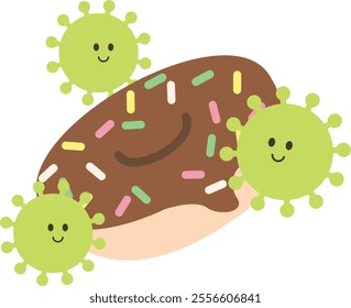 A cartoon-style illustration of a chocolate-frosted donut with colorful sprinkles, surrounded by three green, smiling virus-like characters. A humorous take on germs or contamination.