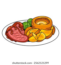 Cartoon-style illustration of a classic British meal featuring Yorkshire pudding and roast beef on a plate, ideal for cultural and food designs