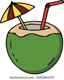 A cartoon-style illustration of a coconut drink, with a straw and a paper umbrella.