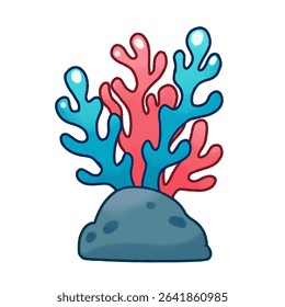Cartoon-style illustration of a colorful coral reef, featuring various coral branches in pink and blue tones growing on ocean rocks. 