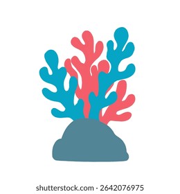 Cartoon-style illustration of a colorful coral reef, featuring various coral branches in pastel red and blue tones growing on ocean rocks. 