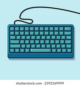 A cartoon-style illustration of a compact wired keyboard with a black cable, set against a light blue background. Ideal for tech-related designs, icons, branding, and digital content.