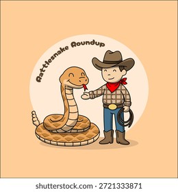 Ilustração em estilo cartoon que retrata a interação entre um caubói que empunha laço e uma cascavel grande. Dia de Roundup de Cascavel, 28 de janeiro.