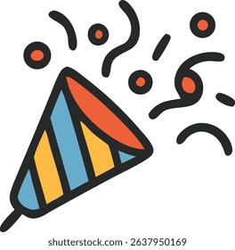 A cartoon-style illustration depicts a party favor exploding with confetti