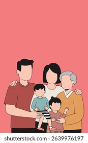 A cartoon-style illustration of a family consisting of parents, children, and a grandparent, all standing together against a solid pink background.
