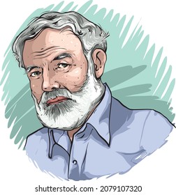 Cartoon-style illustration of famous American writer Ernest Hemingway.