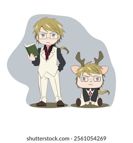 A cartoon-style illustration featuring a character in two forms: a serious, formal version holding a book and a cute, chibi version with reindeer antlers. 