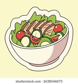 Cartoon-style illustration featuring a fresh salad bowl with lettuce, juicy tomatoes, cucumber slices and grilled chicken pieces on a light yellow backdrop.