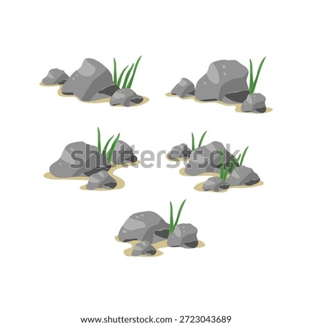 Cartoon-style illustration of five rocky clusters with green grass on sandy patches. Ideal for terrain, landscaping, environment, and educational visuals. Isolated on white background.