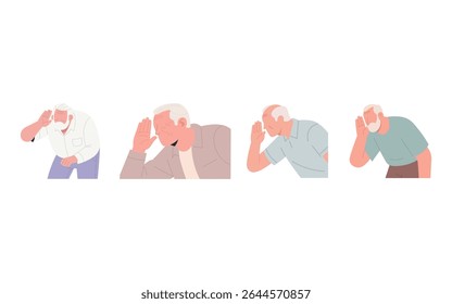 Ilustração em estilo cartoon de quatro homens idosos, cada um com as mãos atadas aos ouvidos, expressando uma escuta atenta.