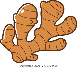 Cartoon-style illustration of a fresh ginger root, featuring a brown outline and segmented shape. The ginger has a shiny texture and a natural, earthy color.