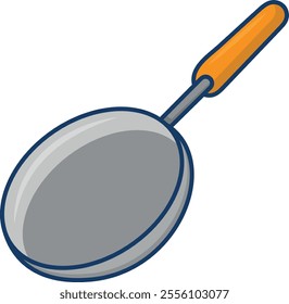 Cartoon-style illustration of a frying pan with a round, flat base and a long handle. The pan is gray with an orange handle, representing a common kitchen utensil used for cooking.