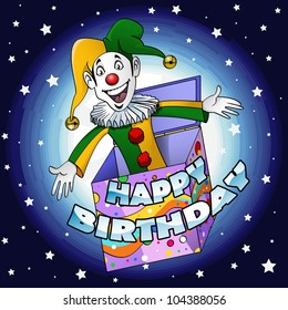 Cartoon-style Illustration: A Funny Jester Jumping Off A Gift Box Writing 