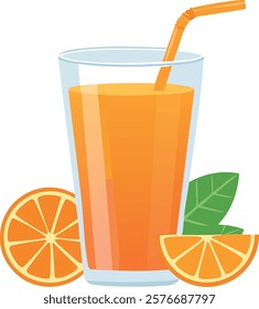 A cartoon-style illustration of a glass filled with orange juice, accompanied by an orange straw, orange slices, and green leaves, symbolizing freshness and healthy drinks.