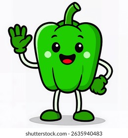 Cartoon-style illustration of a green bell pepper character with a joyful face and friendly wave. Great for educational materials, kids' books, or healthy food campaigns.