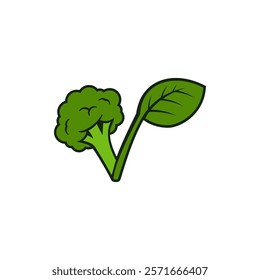 cartoon-style illustration of a green broccoli floret with a single leaf attached to its stem