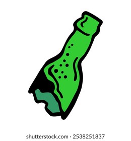 A cartoon-style illustration of a green broken bottle with jagged edges and bold black outlines.